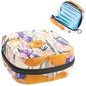 Opbergtas voor maandverband, retro bloemen roos wilde bloem lavendel draagbare menstruatie pad tas, inlegkruisjes tampons maandverband opslag houder voor vrouwen school kantoor