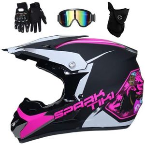 Volledige Gezicht Motorcross Helm Set, met Bril Handschoenen Masker, Jeugd Kind Van de weg af Motor Karten Scooter Helm, Bergafwaarts MTB ATV BMX Enduro Vierling Crossmotor Botsing Helm ( Color : Rose