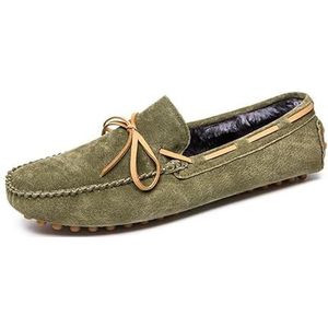 Loafers for heren Suede Vamp Boatshoes Voering van imitatiebont Rijden Loafers Platte hak Antislip Prom Slip On (Color : Army green, Size : 44 EU)
