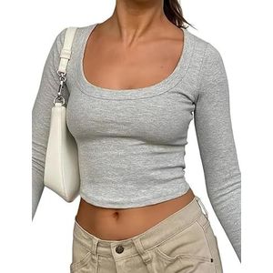 Rongseng Dames T-shirts met lange mouwen Crop Tops Scoop Neck Sexy Slim Fit Basic Tops Y2K Cropped Shirt Nauwsluitende Top Chique Sweatshirt Effen Kleur Workout Tee Mode Casual Streewear, Grijs, M
