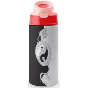 Dragon Yin Yang 350 ml waterfles met rietje, koffiebeker, waterbeker, roestvrijstalen reismok voor dames en heren, roze stijl
