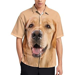 Golden Retriever T-shirt met korte mouwen voor heren, casual button-down, zomer, strand, top met zak