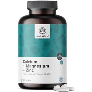 HealthyWorld Calcium + Magnesium + Zink – Complex met 2 vitamines en 7 mineralen – 400 tabletten – Vitamine D3 & K2 – Ondersteuning voor vitaliteit, balans & weerstand – Meer dan een 6-maandenvoorraad