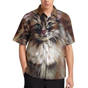 Vintage kat schilderij zomer heren shirts casual korte mouw button down blouse strand top met zak XL