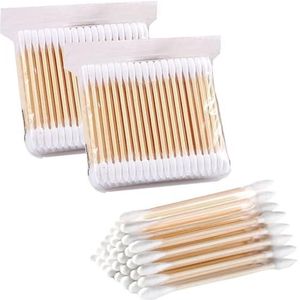 WOLMIK Wattenstaafjes, 200 stuks, bamboe met houten handgrepen, duurzaam voor make-up, Clean Care, oorreiniging, wondverzorging, cosmetica, gereedschap, dubbele kop, biologisch afbreekbaar