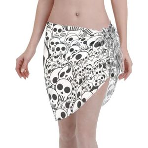 Zwart-witte doodshoofdprint elegante strandwrap, bikini cover-up, badkleding jurk, voor vrouwen, perfect voor zwembad en resort, Zwart, one size