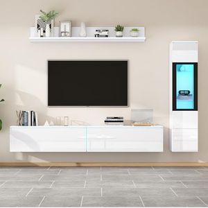 boorbin TV woonwand set 3-delig LED-verlichting hoogglans wit woonkamer meubels set frontale woonwand wit 1 x tv-kast, 1 x woonkamer vitrine, 1 x hangplank (wit)