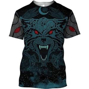 Viking Skull Odin Wolf T-shirt, Noorse Mythologie Valknut 3D-geprinte Totem Herenstraatnieuwigheid Sport Korte Mouwen, Gothic IJsland Ademende Sneldrogende Top (Color : Wolf B, Size : XXL)