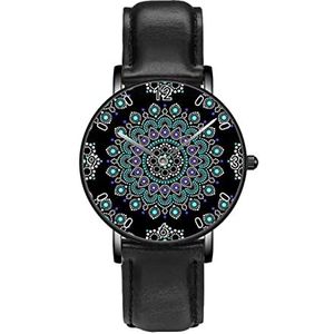 Mandala met Stippen Blauw en Wit Cirkels Persoonlijkheid Business Casual Horloges Mannen Vrouwen Quartz Analoge Horloges, Zwart