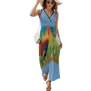 Haan met kippen schilderij dames lange jurk mouwloze maxi-jurk zomerjurk strand feestjurken avondjurken XL