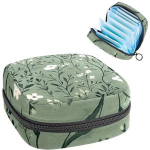 Opbergtas voor maandverband, saliegroen, botanische bloemen, kruiden, takken, bladeren, draagbare menstruatiematas, inlegkruisjes, tampons, maandverband, opberghouder voor vrouwen, school, kantoor