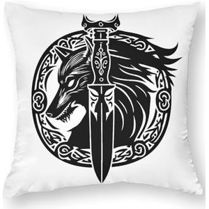 Zhimahou 80 x 80 cm kussenslopen, zwaarden met wolfskop aan de zijkant, Viking Keltische tatoeage, stoelkussens, bankkussens, zitkussens, bedkussensloop kussens