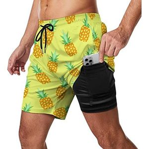 Pineapple Zwembroek voor heren, sneldrogend, 2-in-1 strandsportshorts met compressieliner en zak