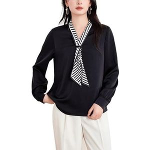 ROUZIHU Gestreept lint chiffon shirt professioneel woon-werkverkeer V-hals losse lange mouwen dames shirt, Svart, XXL