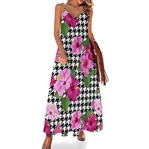 Tropische hibiscus bloem dames zomer maxi-jurk V-hals mouwloze spaghettibandjes lange jurk