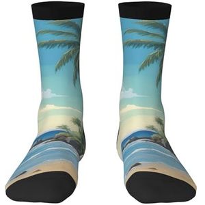 Palm Tree Rocky Shore Comfortabele halfhoge sokken voor mannen en vrouwen - Modieuze volwassen sokken, verhoog je stijl., Palmboom Rocky Shore, Eén Maat
