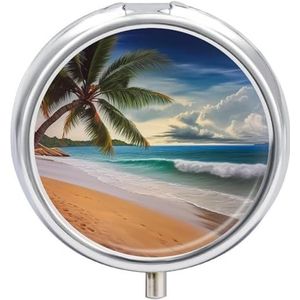 Kokospalmboom, zandstrand, pillendoos, 3 compartimenten, kleine pillendoos, draagbare pillendoos voor zak of portemonnee, ronde metalen pillendoos, schattige medicijnorganisatorhouder om vitamines te