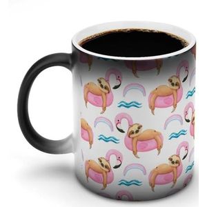 Aquarel Luiaard op Flamingo Float Aanpassen Magic Warmte Veranderende Mok Keramische Cup Koffie Mokken Warmtegevoelige Grappige Gift