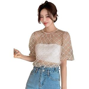 dames topjes Doorzichtige mesh-blouse met geruit patroon zonder cami-top (Color : Beige, Size : XL)
