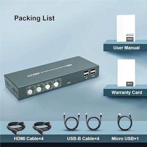 KVM-switch 4-poorts KVM-switches 4K30Hz, HDCP1.2, 4 pc's 1 monitor, sneltoetsbediening, 4 pc's om toetsenbord en muis te delen,Schakelde soepel(4 Ports KVM Switch)