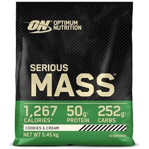 Optimum Nutrition Serious Mass Proteïnepoeder, Hoog in Calorieën voor Gewichtstoename, met 25 Vitamines en Mineralen, Creatine Monohydraat en Glutamine, Koekjessmaak, 16 Porties, 5.45 kg