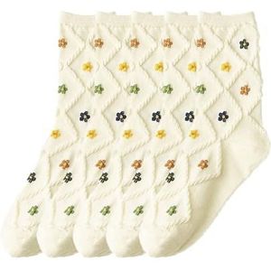 YIJIANUO 5 paar halfhoge sokken voor dames, kleine bloemen, kleurblokkering, Japanse ins mode, meisjes, lente, herfst, dunne lange sokken, 5 paar wit, One size