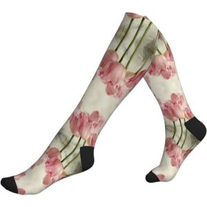 KoNsev Roze Tulpen Compressie Sokken Voor Vrouwen Mannen Ondersteuning Sokken Knie Hoge Verpleegkundigen, Zwangerschap, Hardlopen, Vliegen, 2 Zwart-2, Eén Maat