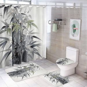 DEBAOKA 4 STKS Eenvoudige Bamboe Badkamer Set met Tapijten En Toilet Deksel Cover Moderne Inkt Botanische Schilderen Waterdichte Douchegordijn Set voor Badkamer Decor