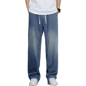 Elastische Taille Trekkoord Denim Broek Voor Heren Baggy Straight Casual Lichtgewicht Jeansbroek Met Zakken,Blauw,3XL