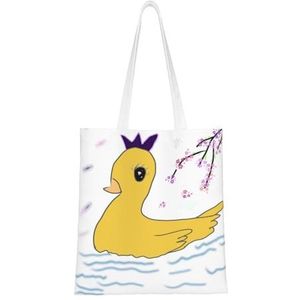 Cartoon Mopshond canvas draagtas voor dames, herbruikbare schoudertas, een mooi milieuvriendelijk cadeau voor meisjes, leraren, moeders., Kleine gele eend, Eén maat