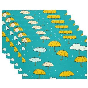 Placemats Set van 4, wasbare placemats voor eettafel, wolken en paraplu's