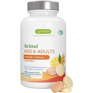 Igennus Geavanceerde Vitamine C Suikervrije Kauwtabletten 500mg, 120 Stuks, Kinderen & Volwassenen, Zuiver & Verdraagbaar, Gebufferde Formule met Hoge Opname, Veganistisch, Sinaasappel- & Citroensmaak