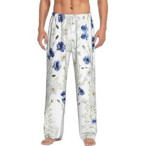 Hand Getrokken Bloem Mannen Lange Lounge Wear Broek Nachtkleding Pyjama Bodems Nachtkleding Met Zakken En Trekkoord, Wit, S