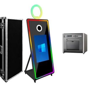 Magic Mirror Fotocabine met 32 inch touchscreen, spiegelfotocabine touchscreen met LED-frame en RGB-lichtring, 65 inch selfie-fotocabine voor verhuur van feestevenementen (65 inch zwart+printer)
