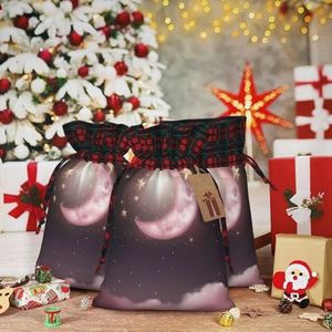 Gift Bags Met Trekkoord 20 X 39 Inch Kerst Trekkoord Tas Maan Roze Sterren Herbruikbare Xmas Wrapping Bag Voor Party Present Zakken Voor Geschenken Decoraties Vakantie