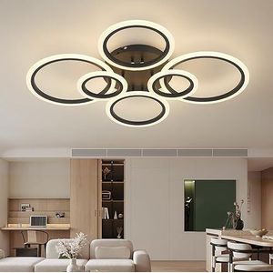 YOLEDY Led-plafondlamp, met afstandsbediening en app, plafondverlichting met 6 ringen, dimbaar, geheugenfunctie, met timer, moderne kroonluchter, woonkamer, slaapkamer, kantoor, zwart