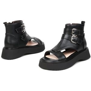 WOkismD 4 cm wandelsandalen met platte bodem voor dames, casual strandschoenen met dikke zool met open teen, Zwart, 36 EU