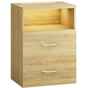 CASARIA® Houten Nachtkastje 40x28x55cm 2 Lades Touch Led-verlichting Kabeldoorvoer Nachttafeltje Ladekastje Eik