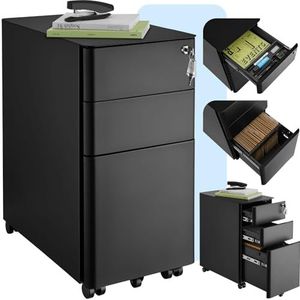 tectake® - Archiefkast op Wielen - Rolcontainer - Zwart - Staal