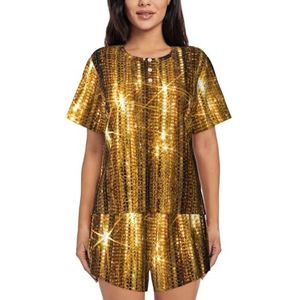 Gouden pailletten Sparkle Print Dames Zomer Zachte Tweedelige Bijpassende Outfits Korte Mouw Pyjama Lounge Pyjama Sets, Zwart, XXL