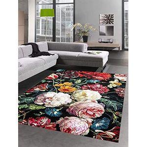 CARPETIA Tapijt woonkamer designer tapijt bloemen herfstbloemen boeket zwart rood afmeting 140x200 cm