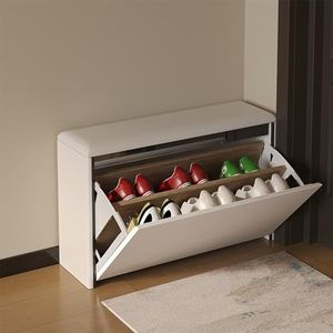 Schoenenbank entree, schoenenopbergbank met 2 klapladen, gestoffeerde slaapkamerbank voor het voeteneinde van het bed, schoenenorganizer voor entree, slaapkamer, woonkamer, balkon(Off-white,70cm/27.5c