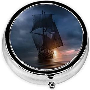 Nautische Zeilboot Print Pillendoos 3 Compartiment Kleine Pillen Case met Spiegel Pil Organizer voor Outdoor Reizen Pocket Purse
