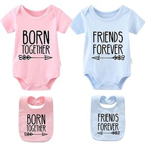 culbutomind Baby tweelingen rompertje samen geboren vrienden voor altijd pasgeborenen body's jongens meisjes cadeau korte mouwen tweelingen kleding met slabbetje, Meerkleurig, 0-3 Maanden