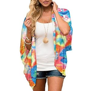 Fansu Dames Chiffon Beach Cover Up, Multicolor Tie-Dye Cardigan Blouse Plus Size Zomer Open Front Kimono Vest Losse Sjaal Casual Beachwear voor Dames, ORANJE, M