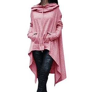 Emma Dames winter herfst asymmetrische zoom zakken pullover sweatshirts voorzijde kort achter lange capuchon losse lange poncho plus size met sjaalkraag vele kleuren, roze, S