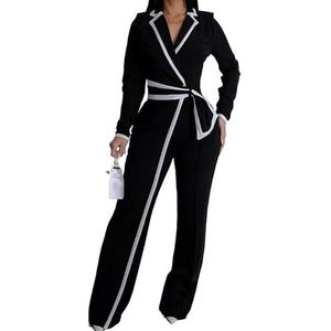 OHERUWKLS Damesmode Elegante Revers Lange Mouw Riem Twee Kleuren Stiksels Uitlopende Lange Jumpsuit,zwart,L