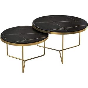 JAVPTAV Kamer koffie tafel ronde moderne nestelen salontafels set van 2, stapelkamer accenttafels met marmeren textuur en metalen frame, cirkel bijzettafel (kleur: zwart, maat: 45 x 37 cm + 60 x 45