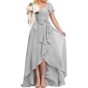 High-Low Prinses Bruidsmeisjesjurken Vierkante Hals Galajurk Chiffon Formele Avondfeestjurk met Mouwen, Zilver, 34