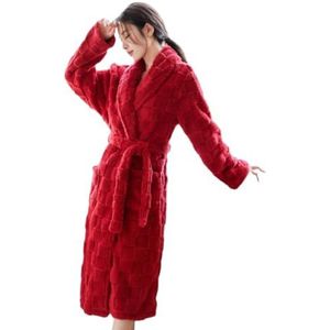 Badjassen Geruite Badjassen For Dames Revers Warm Zacht Middellange Huiskleding Dik Badjas Dames(Rot,XL)